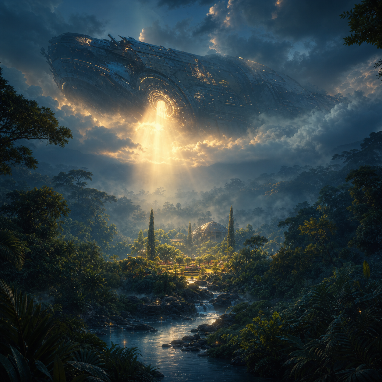 The damaged Auriel above a hidden Eden valley on prehistoric Earth