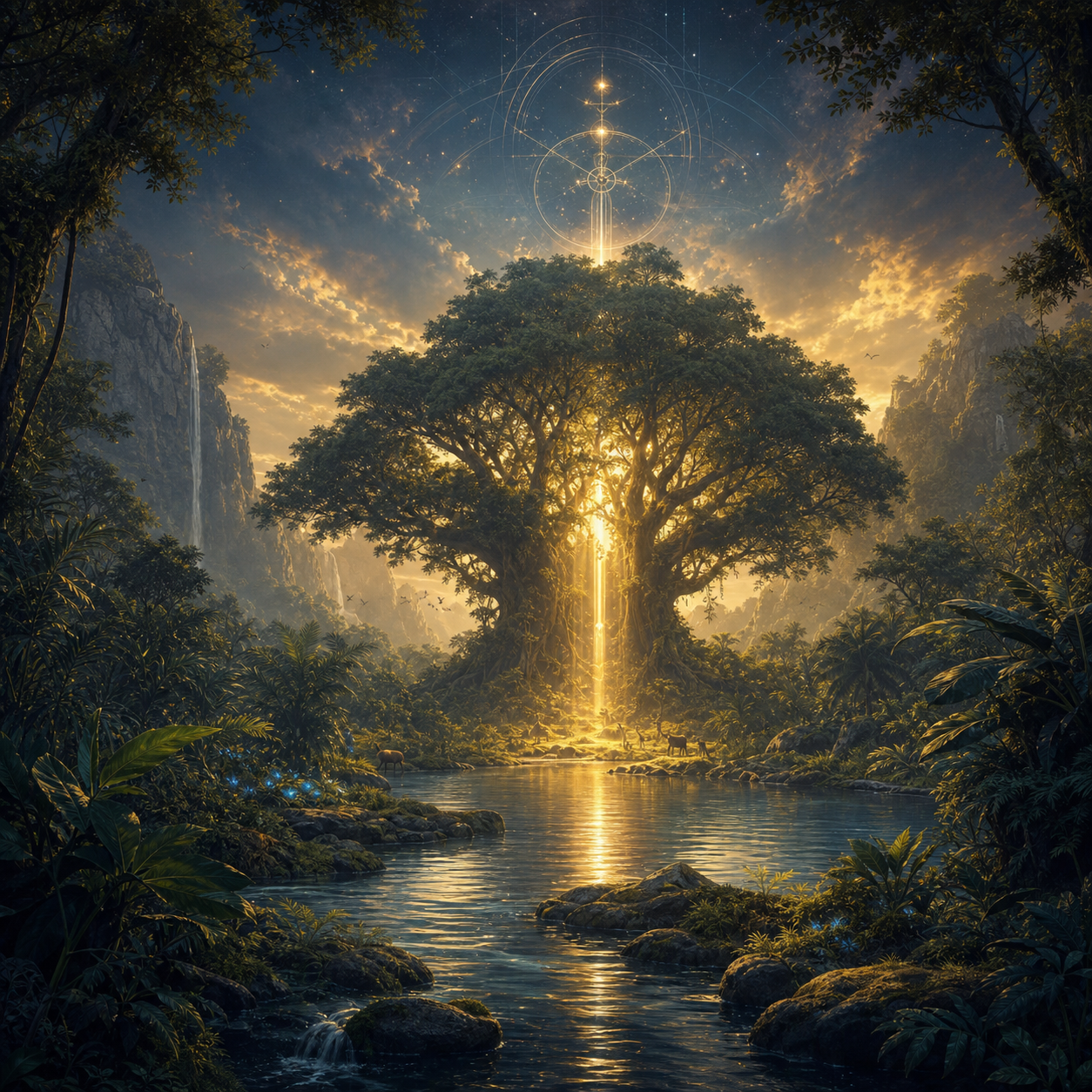 A luminous Eden clearing inviting the reader into The Eden Protocol