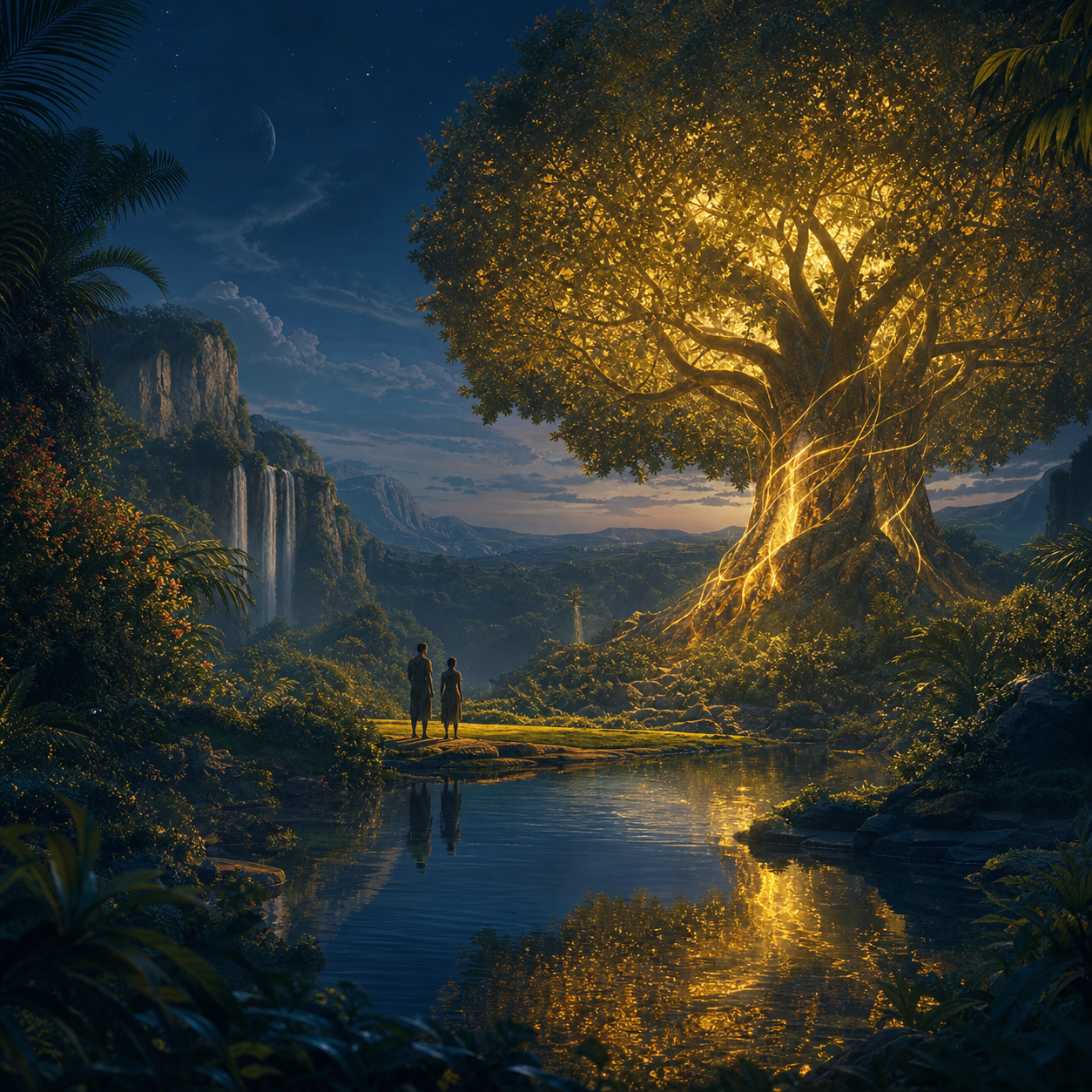 Two early humans before a luminous tree in the protected Eden garden