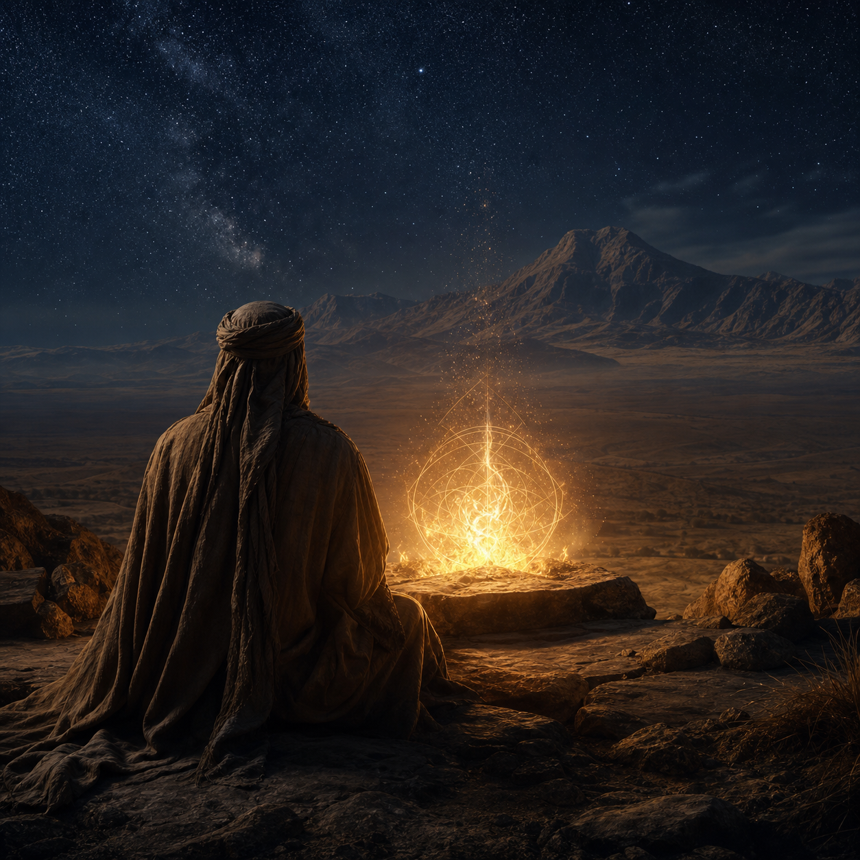 A lone traveler before a luminous desert fire beneath a star-filled sky