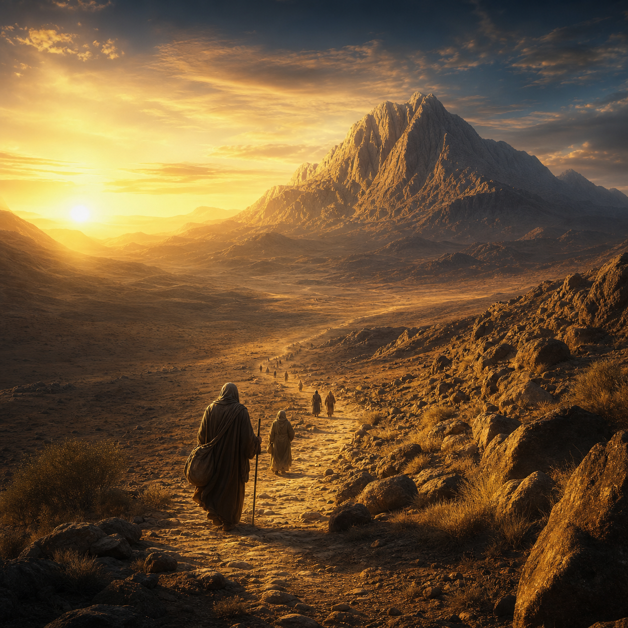 A dawn path through the desert leading toward a mountain of light