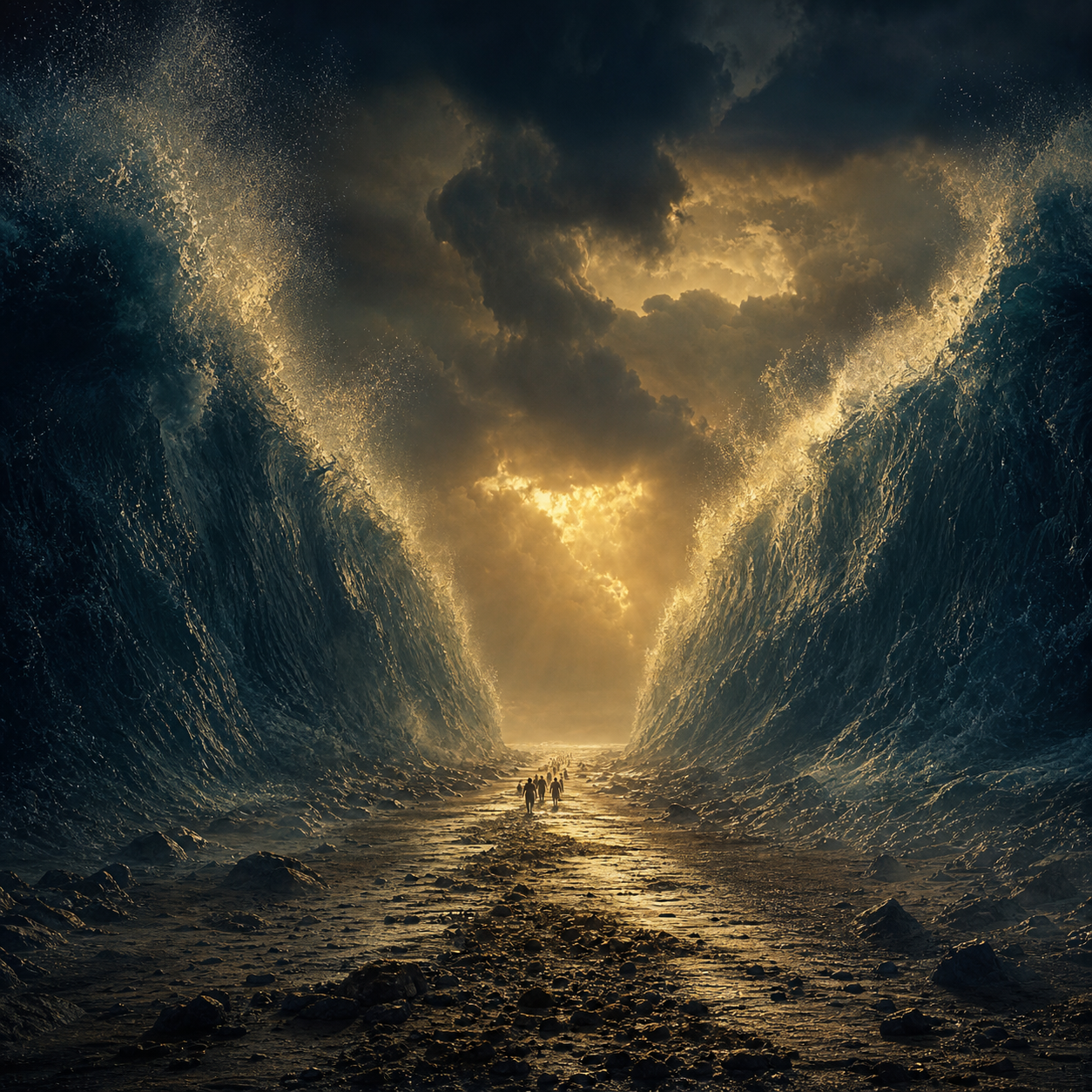 A people crossing between luminous walls of water beneath a storm-dark sky