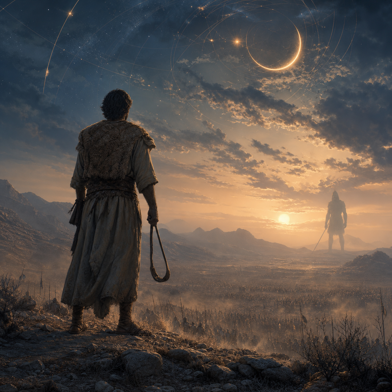 A shepherd facing a distant giant across an ancient battlefield at dusk