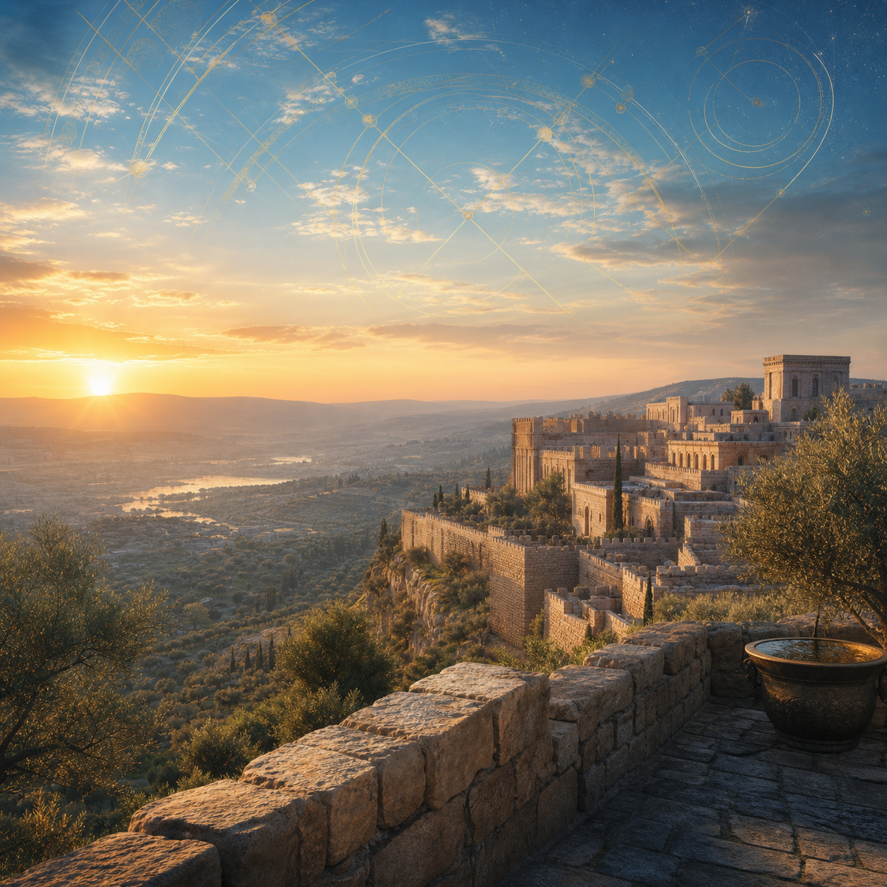 An ancient hilltop city at dawn beneath a radiant sky
