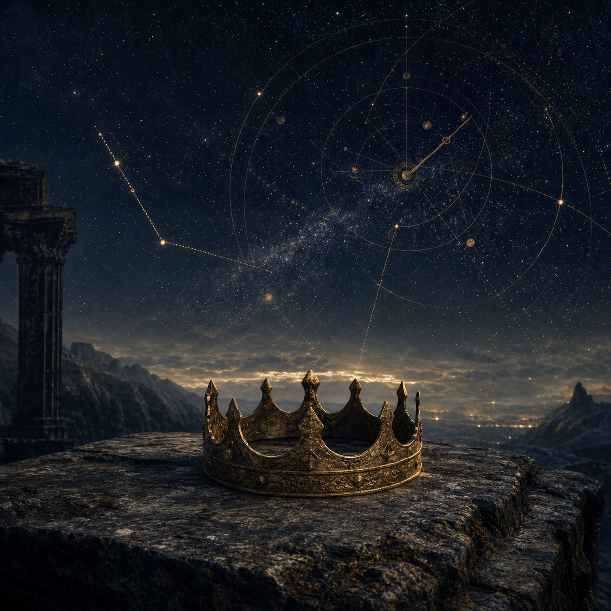 An ancient crown beneath a celestial sky of luminous constellations