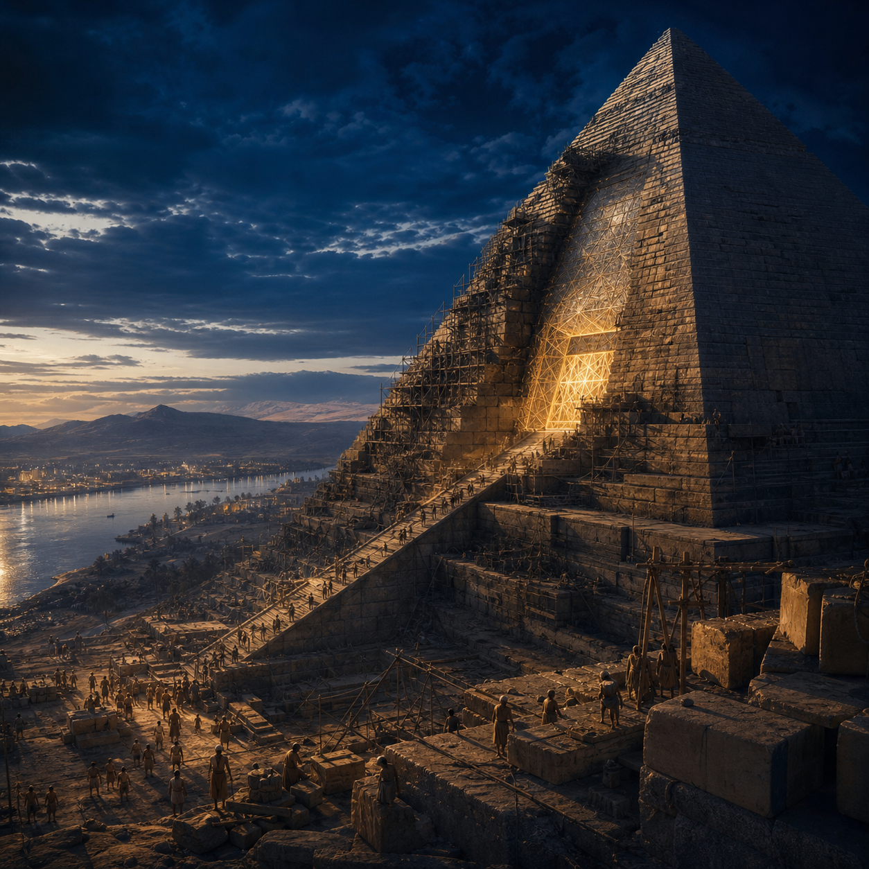 A monumental pyramid rising over the ancient Nile valley beneath a celestial golden light