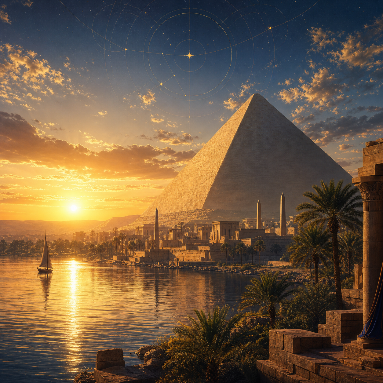 A pyramid at dawn reflecting antique-gold light across the Nile