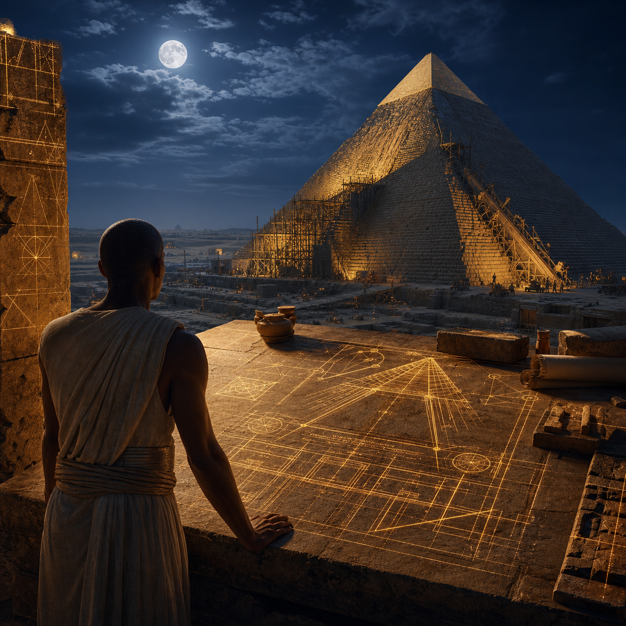 An ancient Egyptian architect studying luminous geometric plans beneath the stars