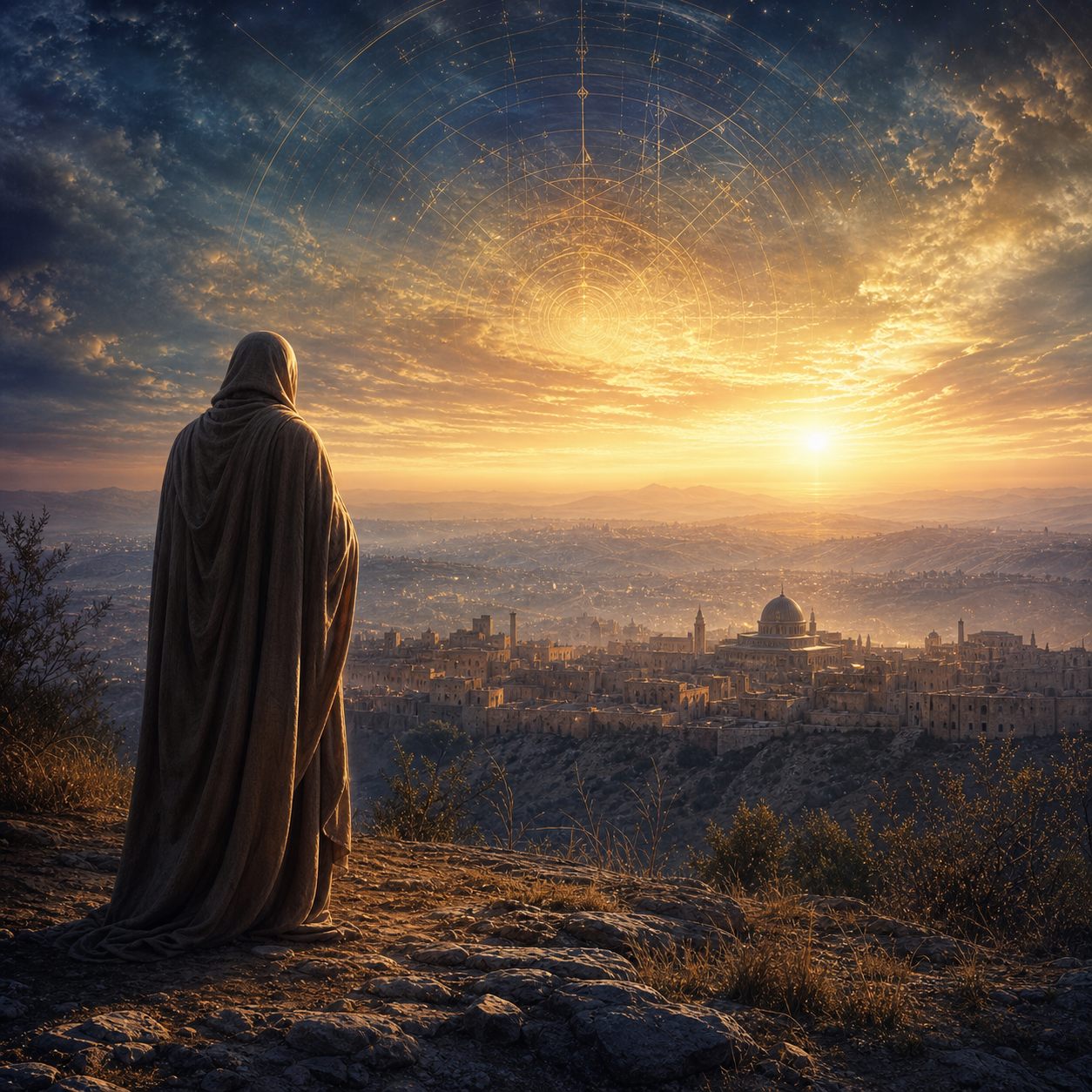 A solitary figure on a hill beneath a reverent luminous sky over an ancient city