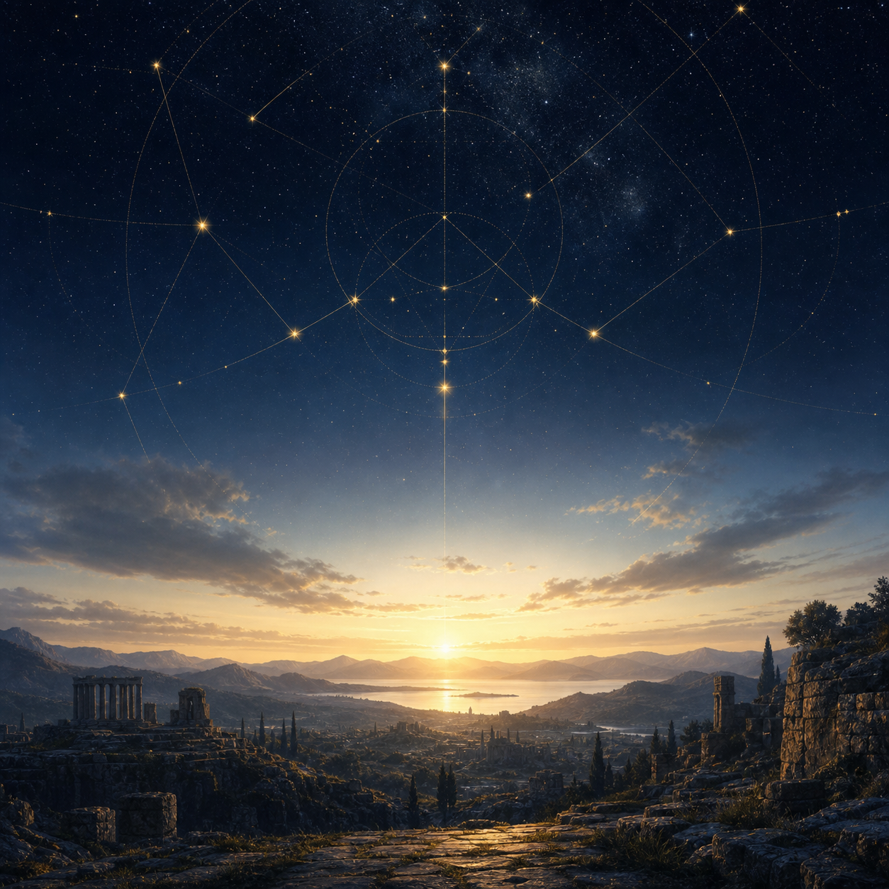 A dawn horizon beneath a radiant constellation of antique-gold light