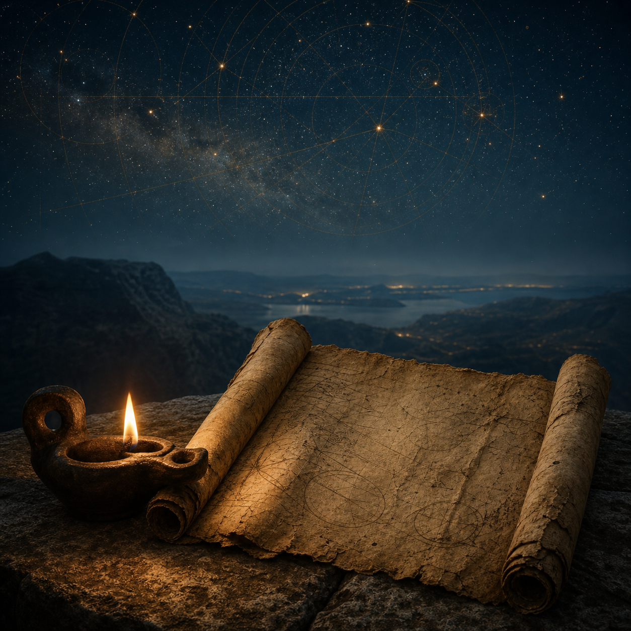 An ancient scroll and a small lamp beneath a celestial night sky
